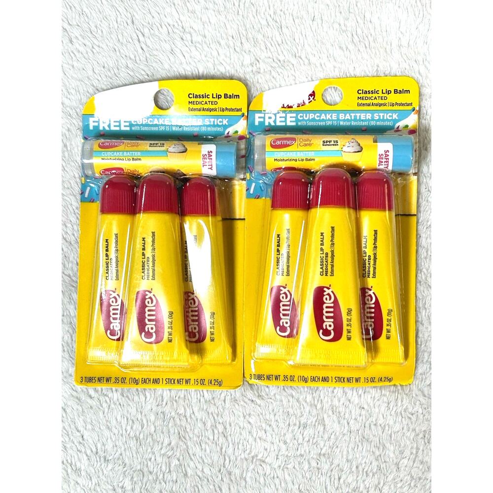 (2) Carmex 4 Pack Classic Medicated Lip Balm‎ - With Cupcake batter stick .35 Oz